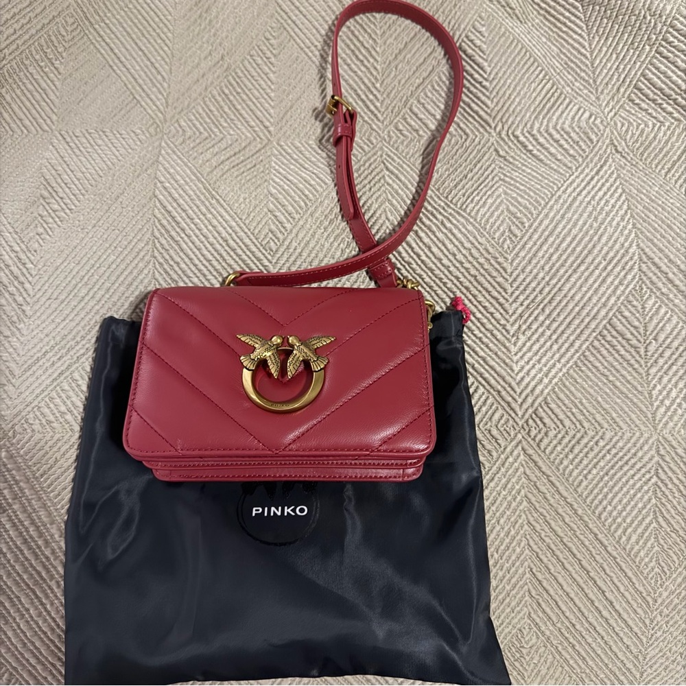 Pinko Red Quilted Leather Napa Crossbody with Gold Love Birds Hardware